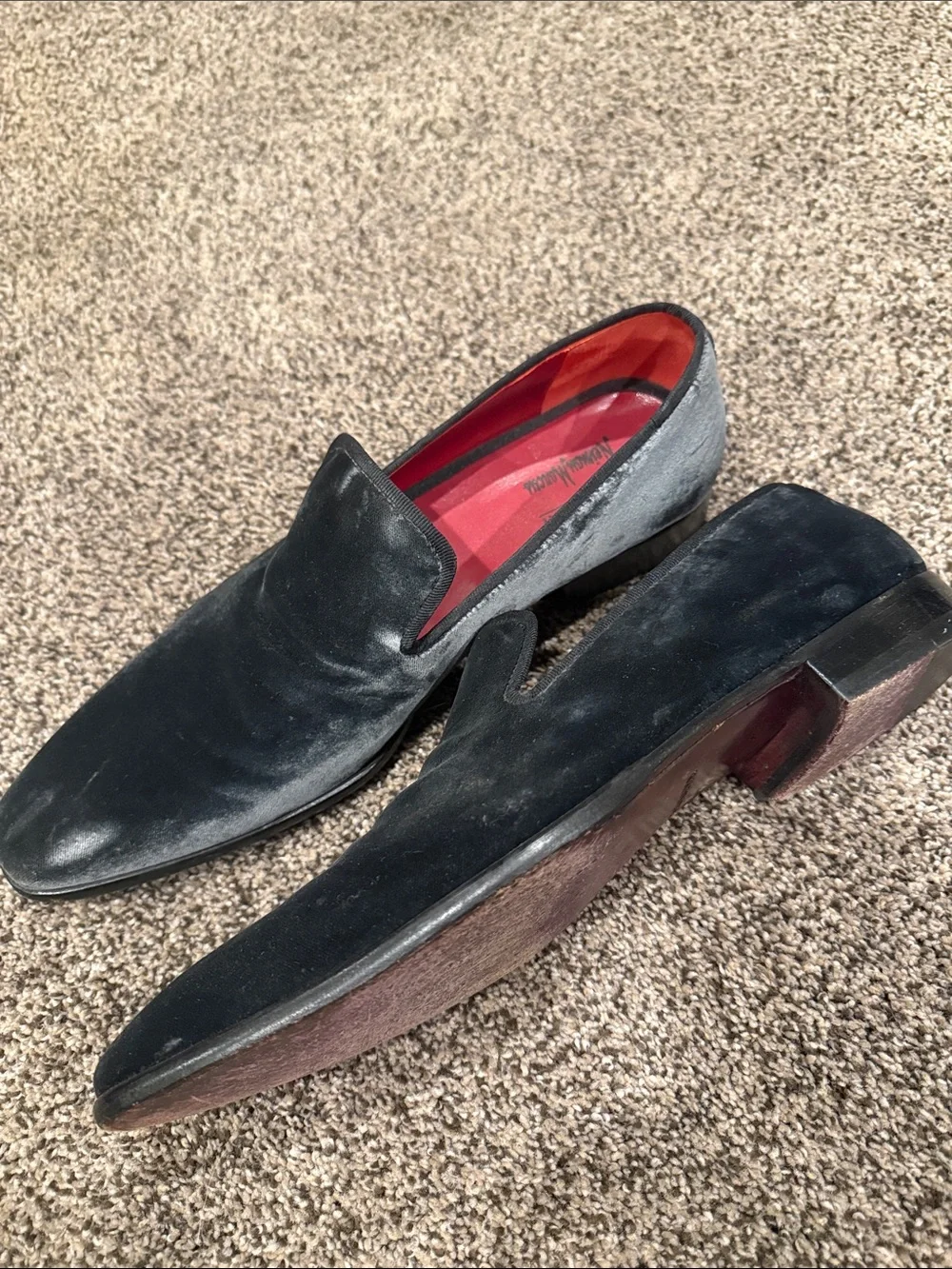 Magnanni Black Velvet Slip-On Loafers with Red Lining